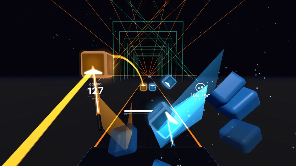 XR Saber 遊戲畫面：光劍切開飛來的方塊